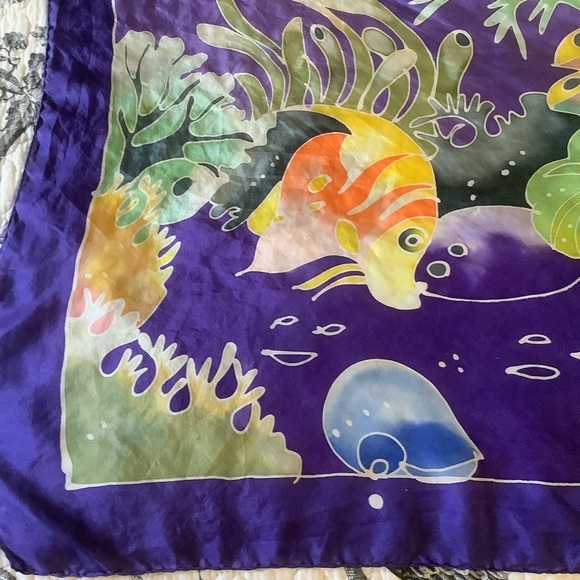 Purple Tropical Fish Design Hand Square Scarf - Picture 7 of 12
